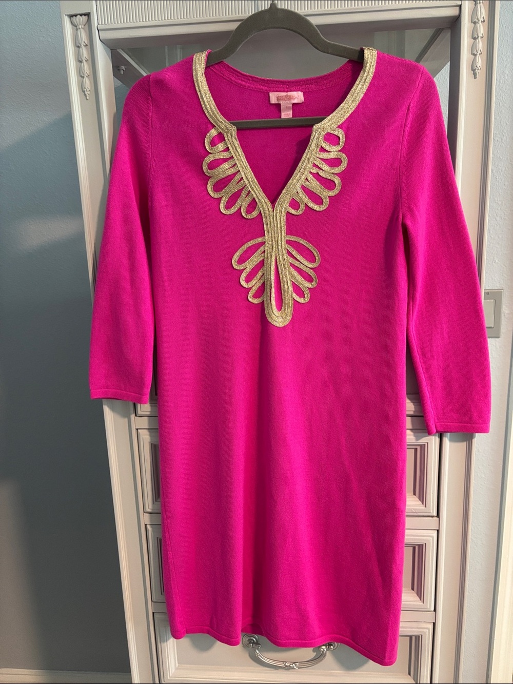 Lilly Pulitzer Bright Pink Midi Dress with Gold Trim